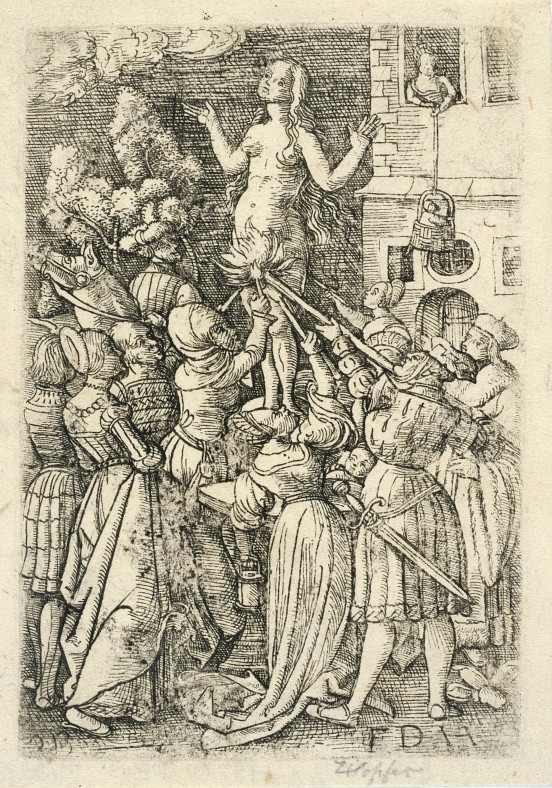 Daniel Hopfer, kiedyś: św Agnieszka, obecnie: Ysifile/Febilla z płonącym kroczem, miedzioryt, przed 1536.