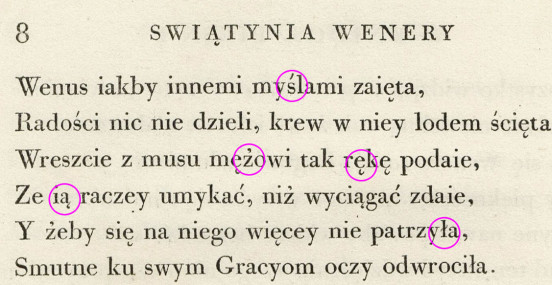 Polskie znaki diakrytyczne zaprojektowane przez Giambattistę Bodoniego do wydania „Świątyni Wenery w Knidos”, Officina Bodoni, Parma 1807
