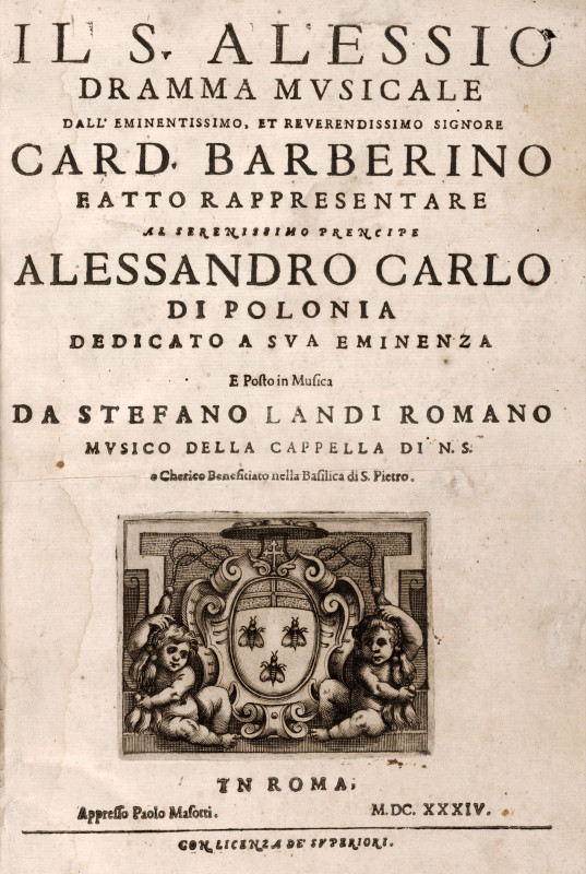 Karta tytułowa pierwszego wydania partytury opery Il Sant' Alessio (Beinecke Rare Book and Manuscript Library, Italian Festivals +49).