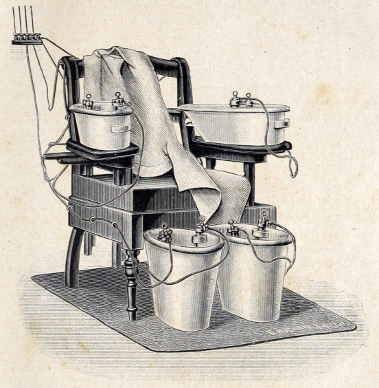 Przyrządy do czterokomorowej kąpieli elektrycznej według systemu doktora Schneego. Pacjent trzymał kończyny w naczyniach, które napełniano wodą i podłączano do prądu. Anna Fischer-Dückelmann, Kobieta lekarką domową, przed 1912 (pierwsze wydanie 1901).