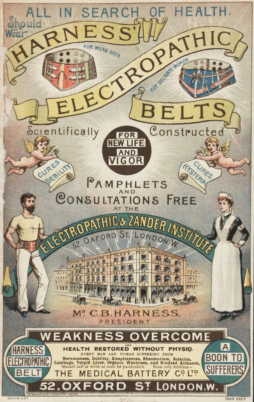 Elektryczne pasy leczące męską niemoc, a kobiecą histerię. Zdrowe, naukowe, dyskretne i podobno hochsztaplerskie. Reklama z lat dziewięćdziesiątych XIX wieku (ze zbiorów Wellcome Library).