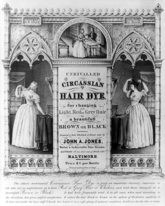 „Kaukaska farba do włosów”, amerykańska reklama z 1843 roku.