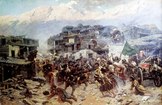 Bitwa pod aułem Sałty 14 września 1847 roku, obraz Franza Roubauda, Tbilisi, Muzeum Wojskowe.