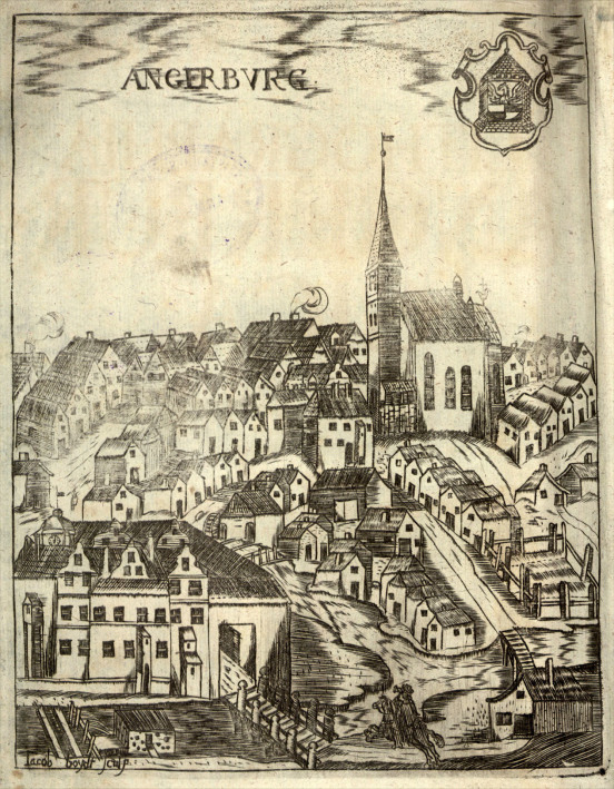 Widok Angerburga (Węgorzewa) z Lithographia Angerburgica... Georga Andreasa Helwinga, Regiomonti : literis Johannis Stelteri, 1717.
