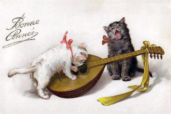 Nie tak niemrawe kocięta i mandolina. Francuska pocztówka noworoczna z ok. 1920 roku.