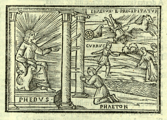 Faeton, drzeworyt z szesnastowiecznego wydania Przemian, P. Ouidii Metamorphosis..., Impressum Venetiis : per Ioannem Thacuinum de Tridino, 1513.