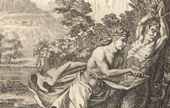 Apollo i Marsjasz, rycina z Les Metamorphoses d’Ovide, osiemnastowiecznego francuskiego przekładu Przemian Owidiusza, A Amsterdam; et a Leipzig : chez Arkstėe et Merkus, 1764.