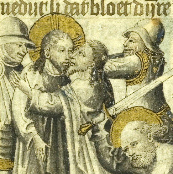 Pocałunek Judasza, modlitewnik niderlandzki z ok. 1440 r. (BN, Rps 3779 I, fol. 14v).