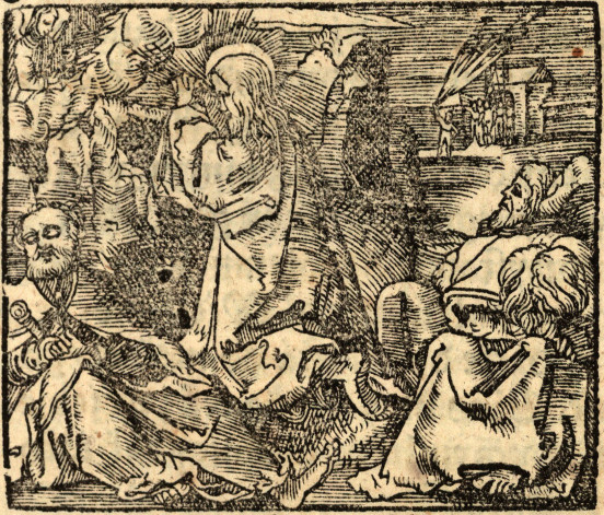 Modlitwa w Ogrójcu, rycina z Biblii Leopolity (W Krakowie : w drukarni Mikołaia Szarffenberga, 1575).