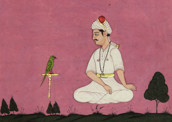 Papuga rozmawia z królewiczem Dżahandarem. 