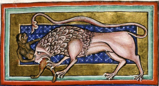Lew atakujący małpę, bestiariusz, Anglia XIII w. Oksford, Bodleian Library, MS. Bodl. 764, fol. 2r.