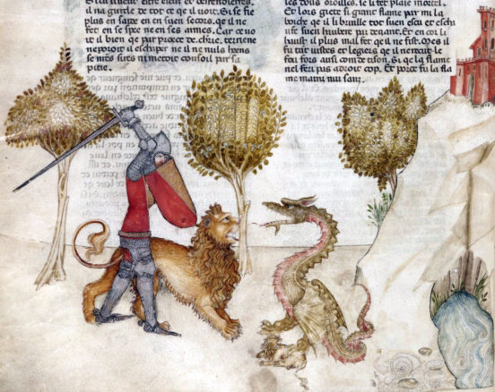 Yvain i jego lew walczą ze smokiem, Queste del Saint Graal, Italia ok. 1380-1385 (Bibliothèque nationale de France, Français 343, fol. 27v).