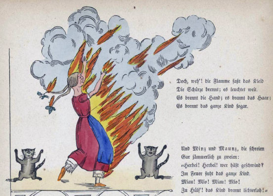 Płonąca Paulinchen – dziewczynka, która bawiła się zapałkami i jej kotki Minz i Maunz. Wydanie frankfurckie z 1846 roku.