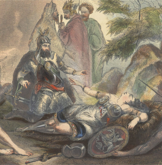 Scena śmierci Grażyny, konającej w objęciach męża Litawora; z ręcznie kolorowanego dziewiętnastowiecznego wydania poematu.