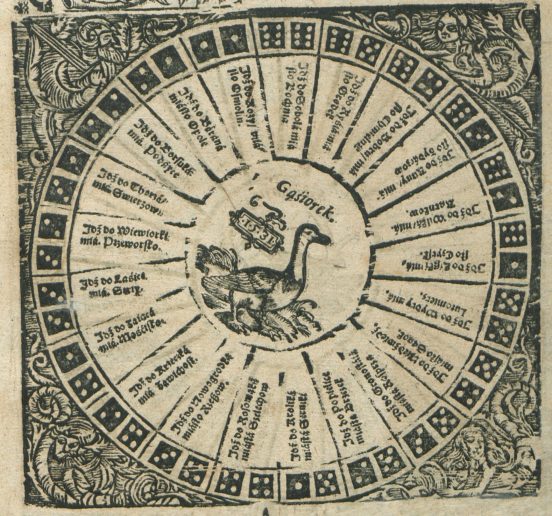 Gąsiorek z astrologicznego przewodnika do wróżenia z rzutów koścmi „Fortuna abo szczęście” (Kraków 1649) Stanisława Gąsiorka.